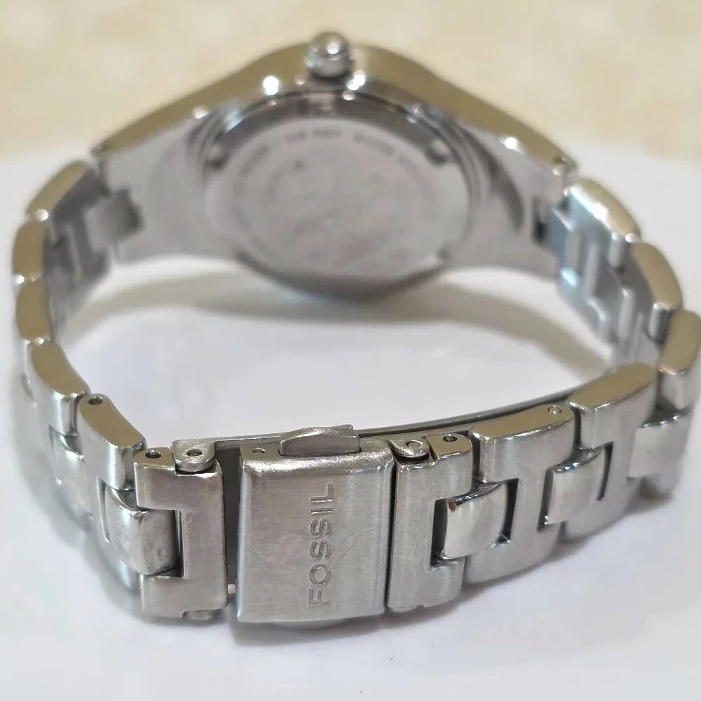 FOSSIL BLUE Pink Dial Rivoli Crystal 100M Quartz Watch Jeweled Bezel Band AM4026
